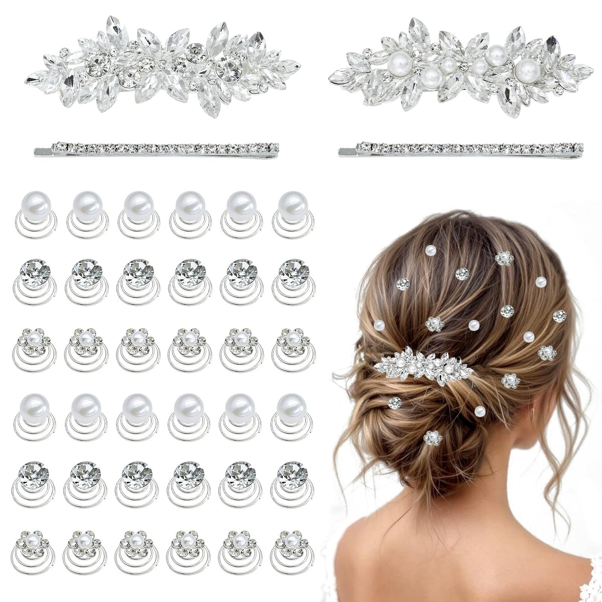 Clips Mulzile de pelo con cristal y perla, ideal para bodas y uso diario.