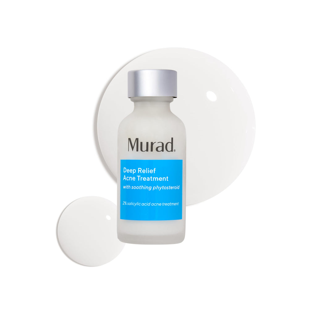 Murad Deep Relief, bote frontal para tratamiento de acné con alivio suave para la piel.