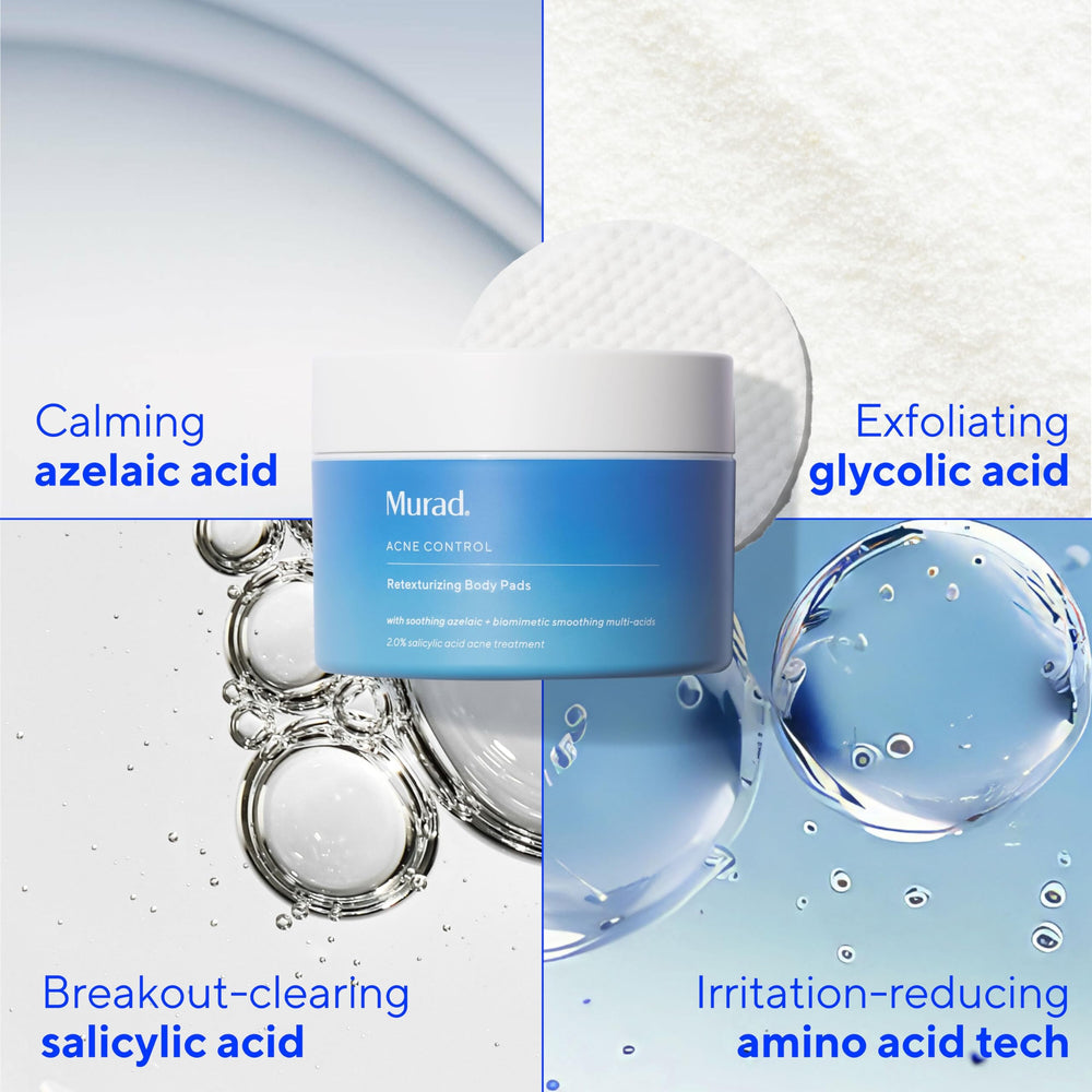Murad contiene ácido azelaico, salicílico y glicólico para exfoliación