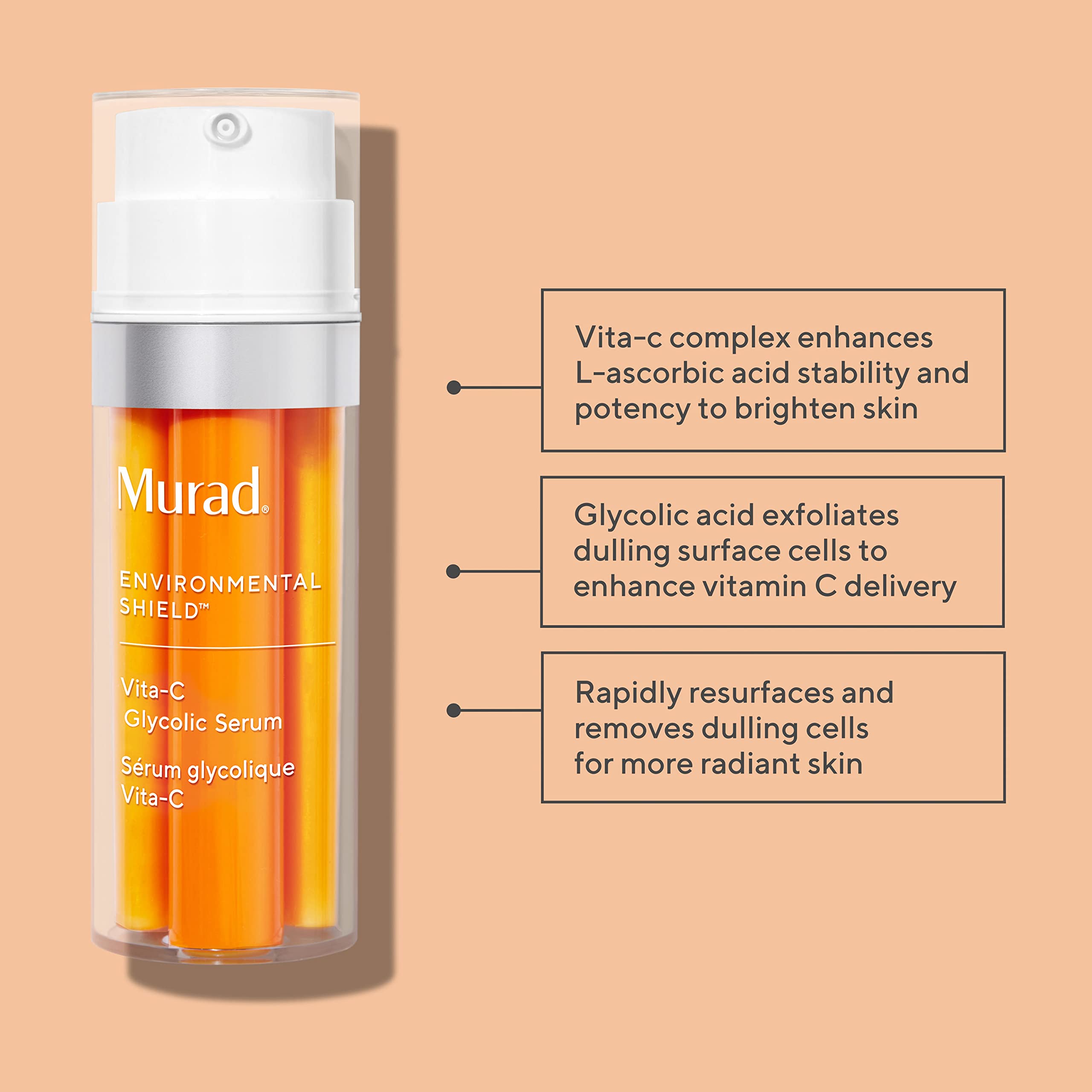 Murad Vita-C Glycolic Serum: envase dorado destaca ingredientes antioxidantes para piel radiante.