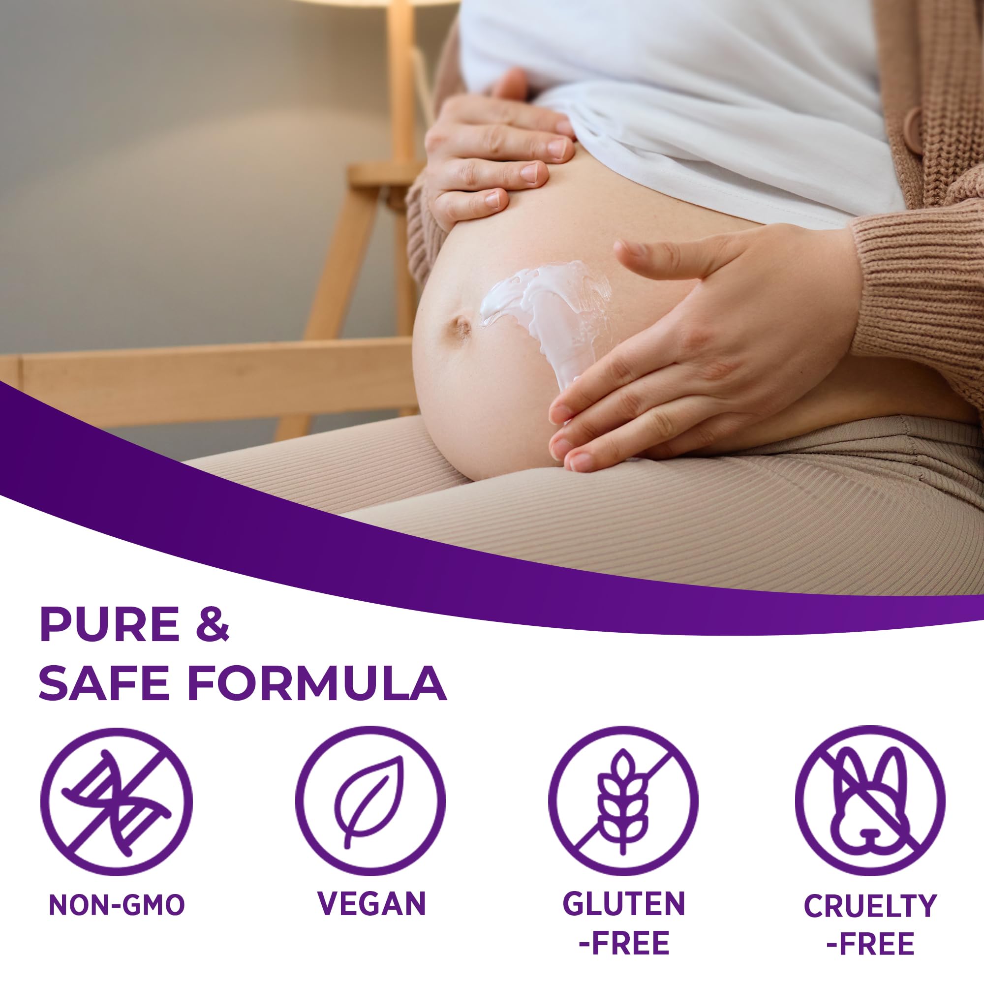 Aplicación mañana y noche para elasticidad con crema MURASAKI BEAUTY embarazo.