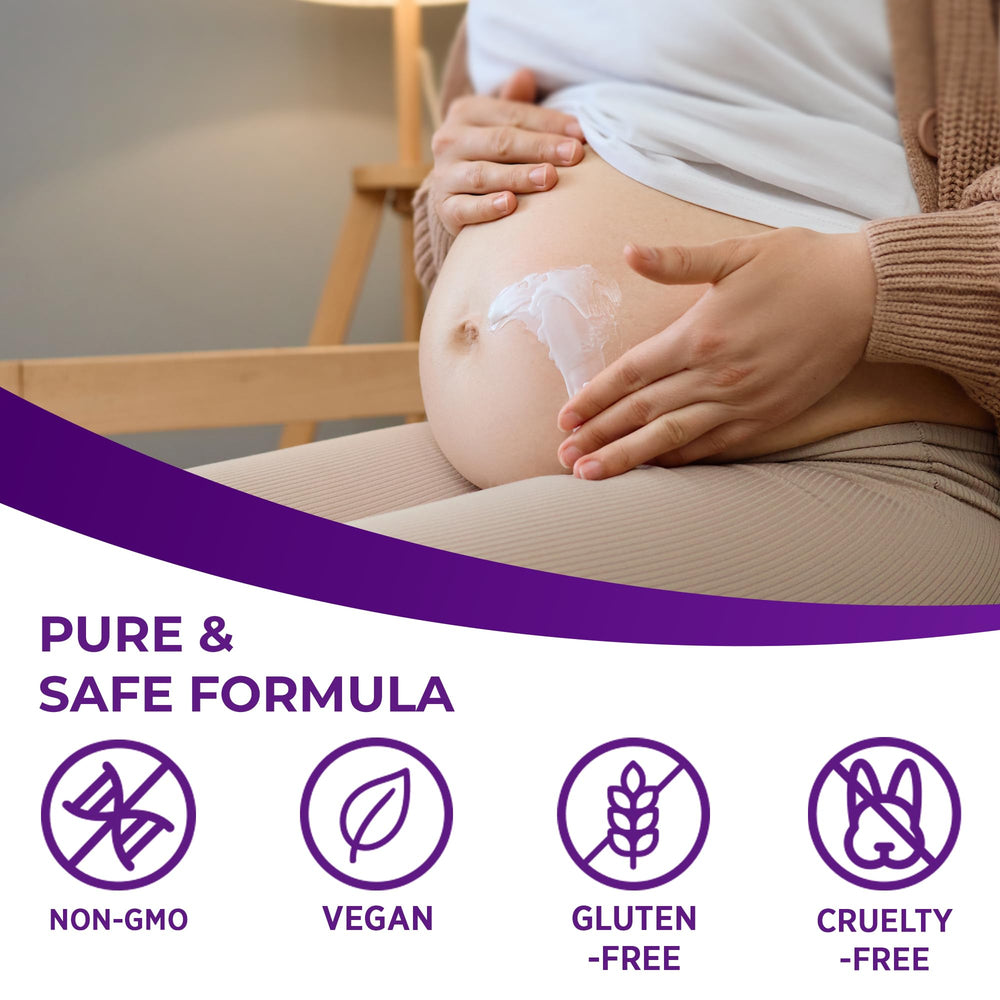 Aplicación mañana y noche para elasticidad con crema MURASAKI BEAUTY embarazo.