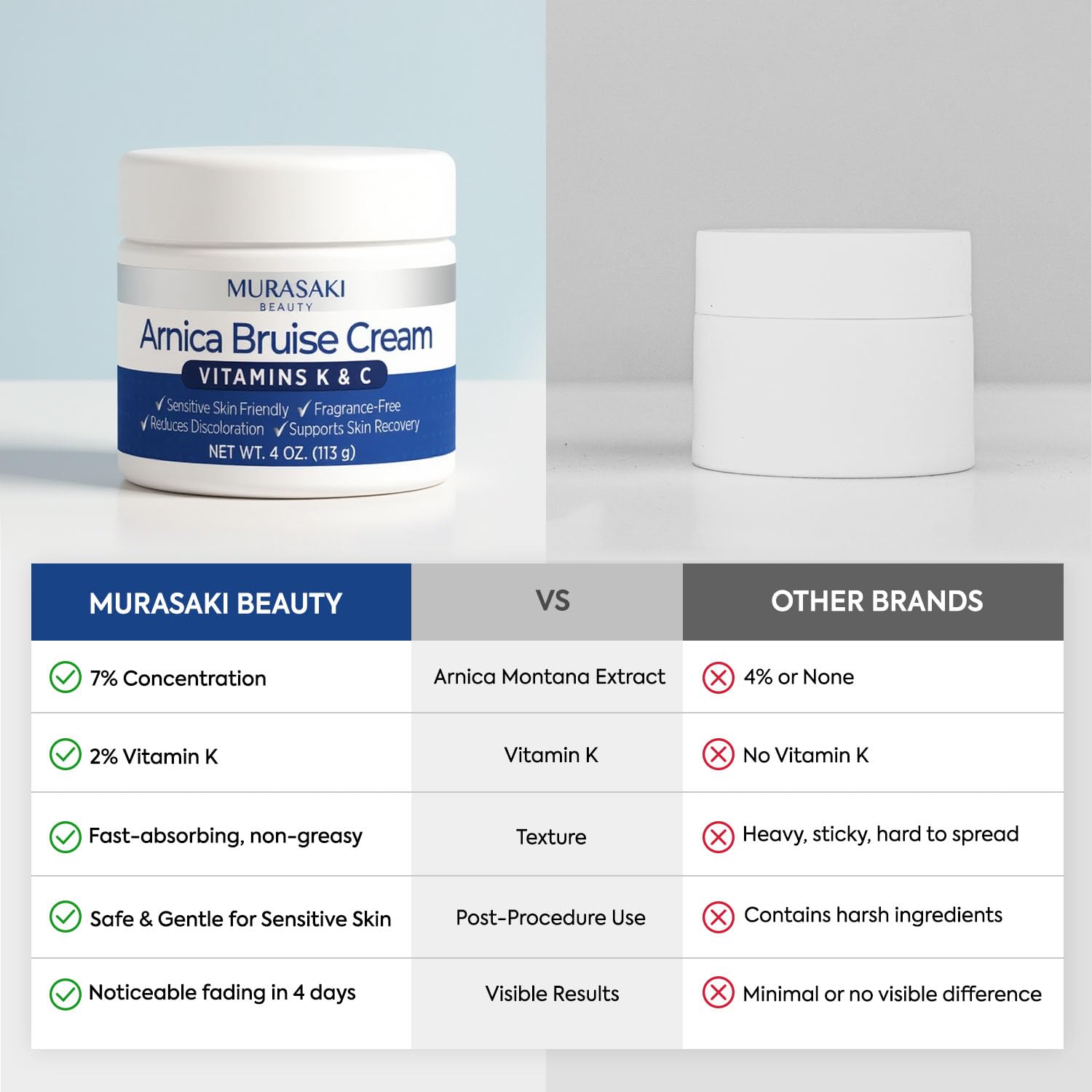 MURASAKI BEAUTY Envase crema arnica 4oz, conveniente para uso diario.