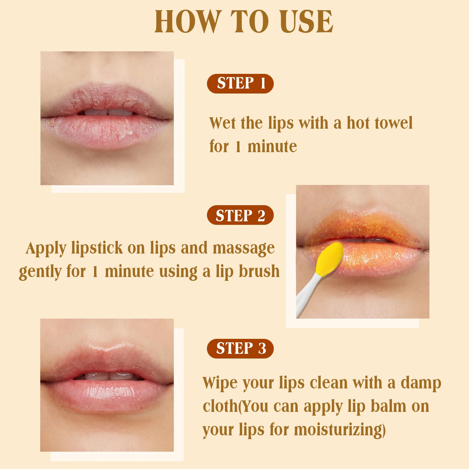 Guía de uso de MUREND para exfoliar labios en casa.