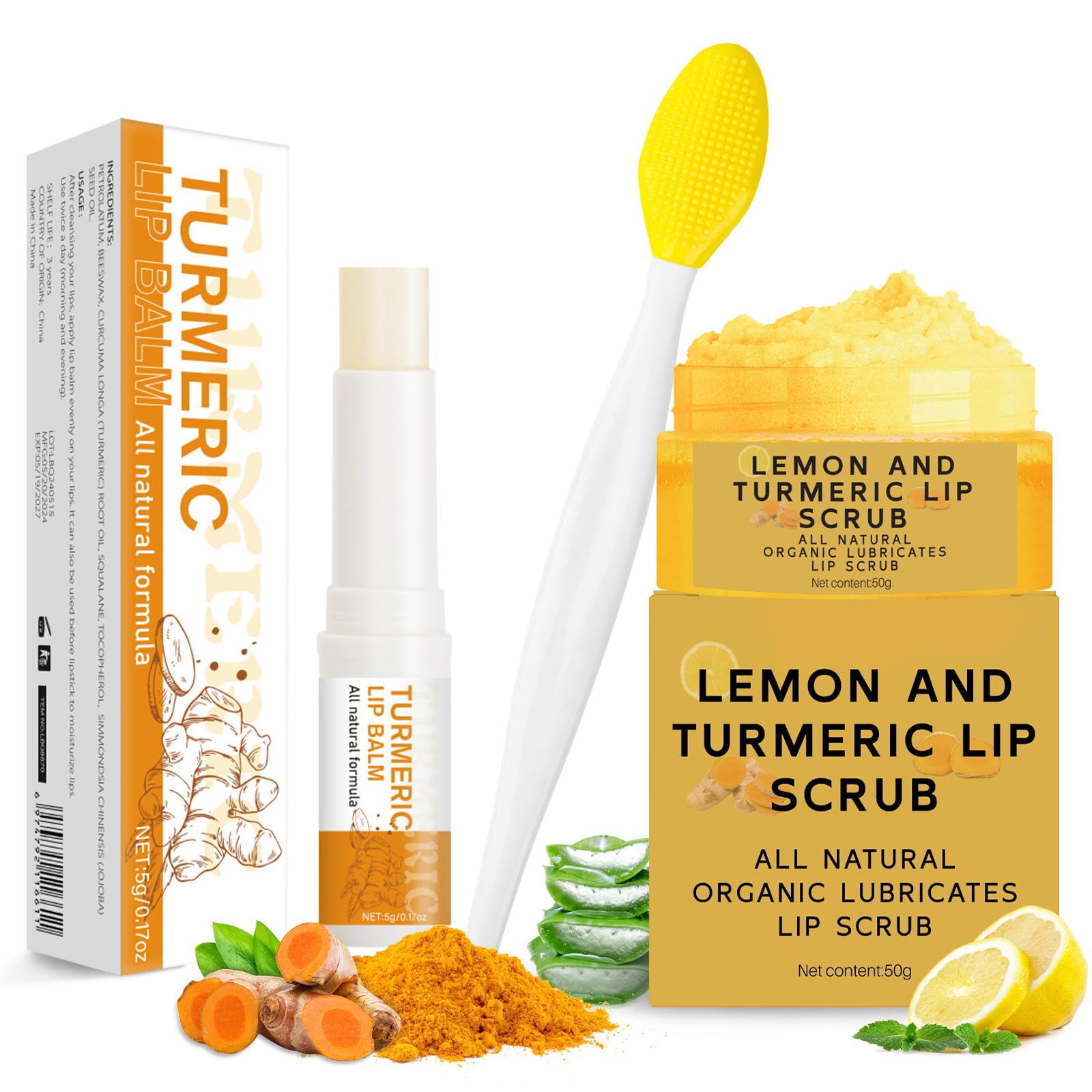Set Murend de cuidado labial con cúrcuma y limón para exfoliar suavemente.