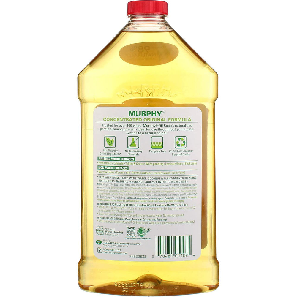 Murphy Original Oil Soap limpia superficies de madera clara con brillo suave.