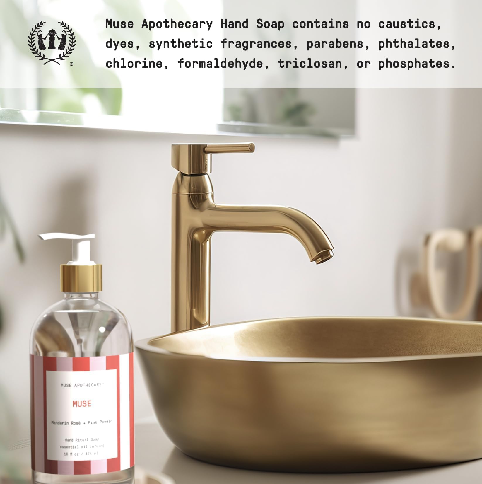 Muse Apothecary Hand Ritual: etiqueta con ingredientes naturales y certificaciones de cuidado.