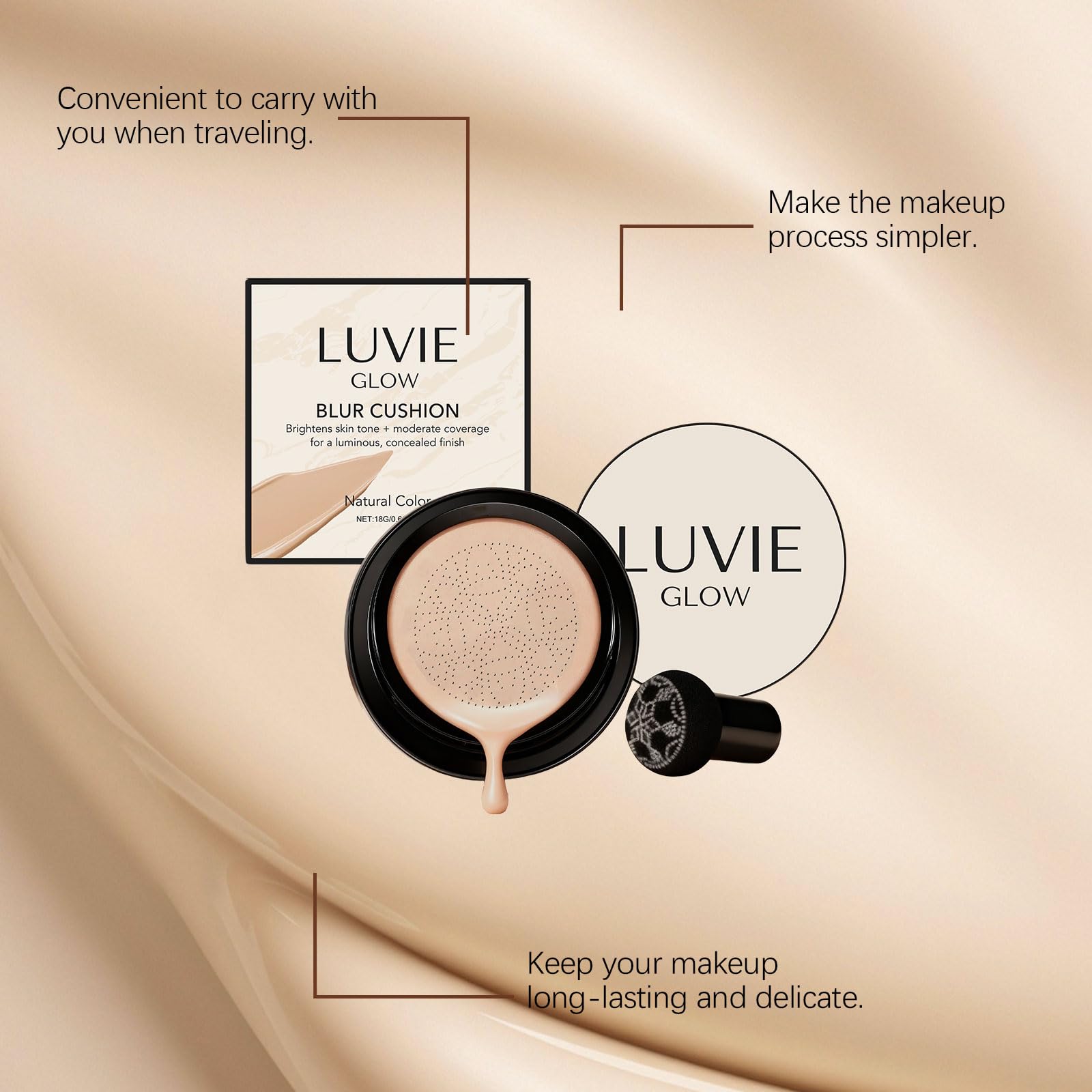 Con Luvie Glow Cushion, acabado hidratante y ligero para uso cotidiano.