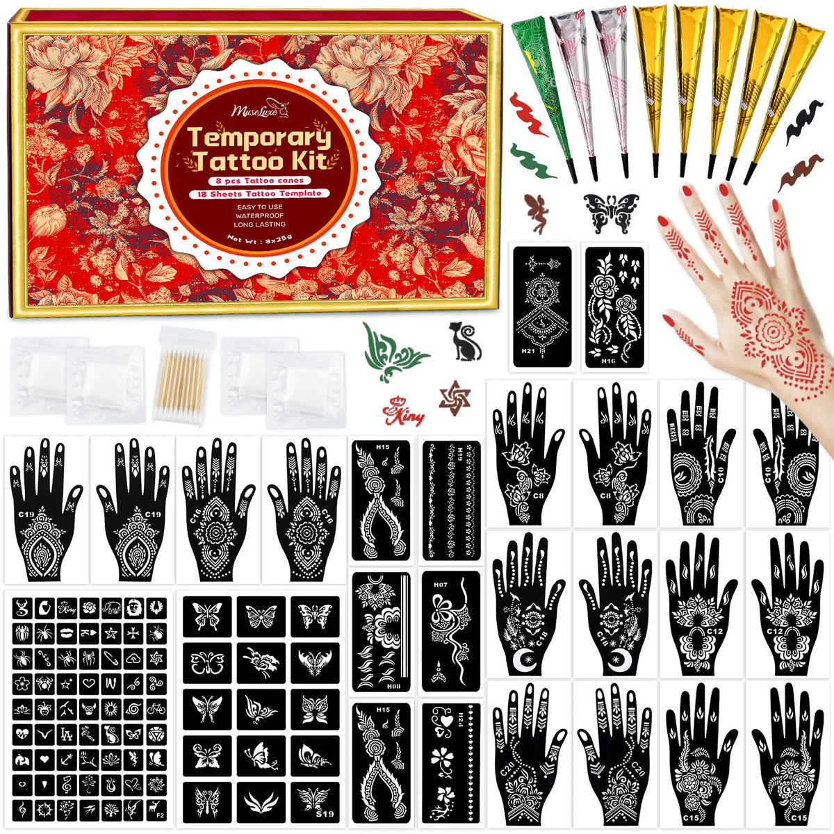 MuseLuxe plantillas de tatuajes temporales con 102 diseños para estilo único