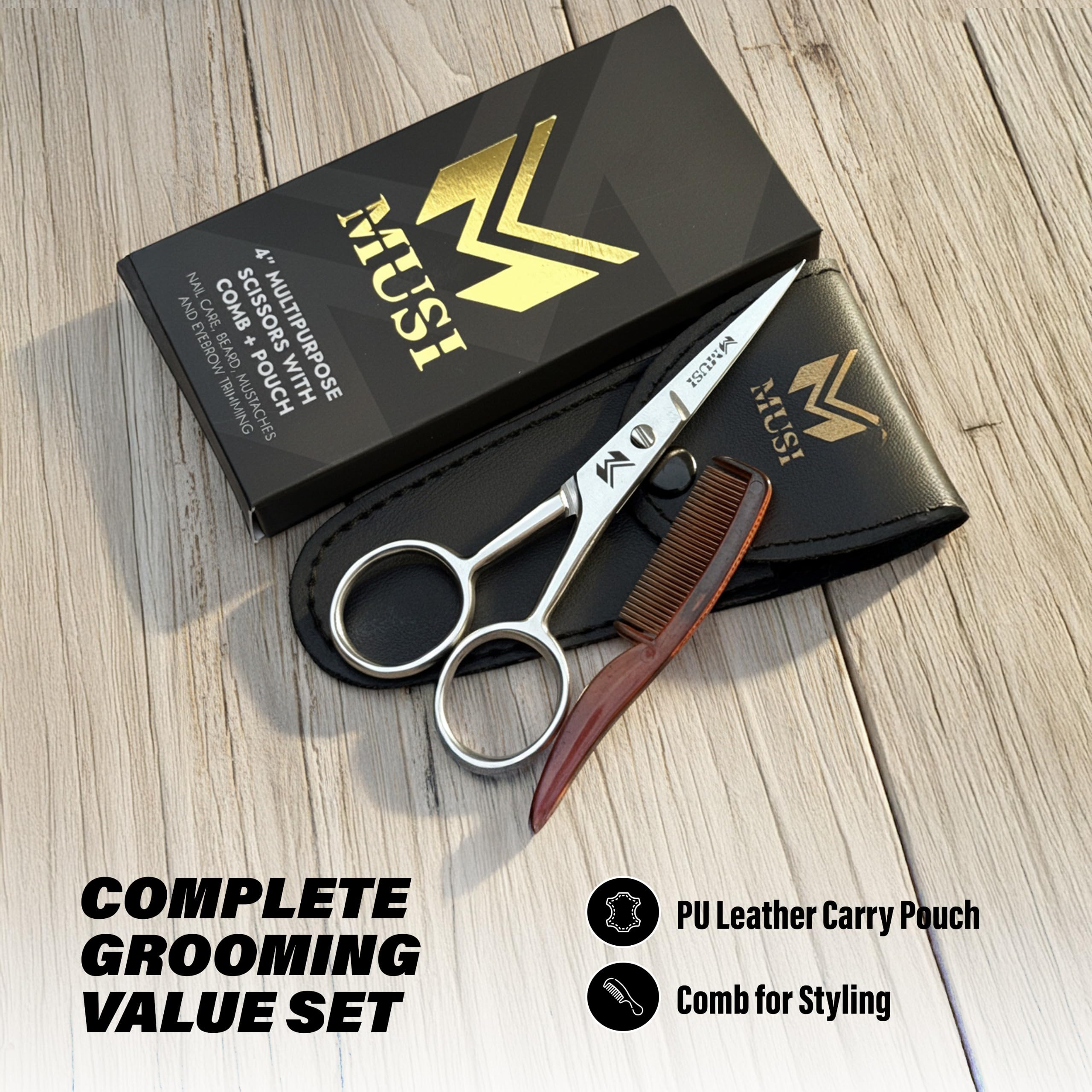 Tijeras MUSI con peine protector, ideal para kit de viaje