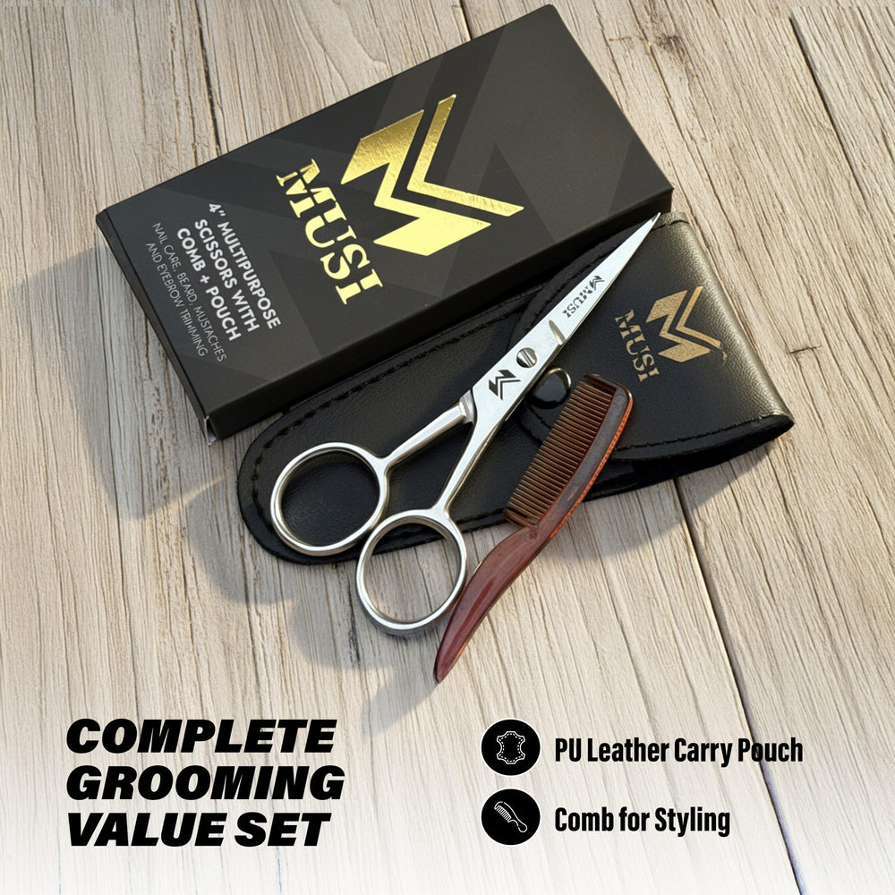 Tijeras MUSI con peine protector, ideal para kit de viaje