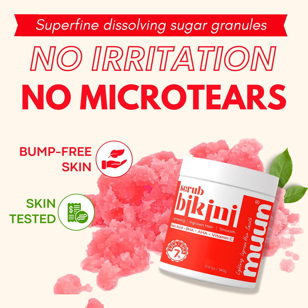 Muun Exfoliador Bikini: ingredientes clave como ácido glicólico y vitamina C para tono.