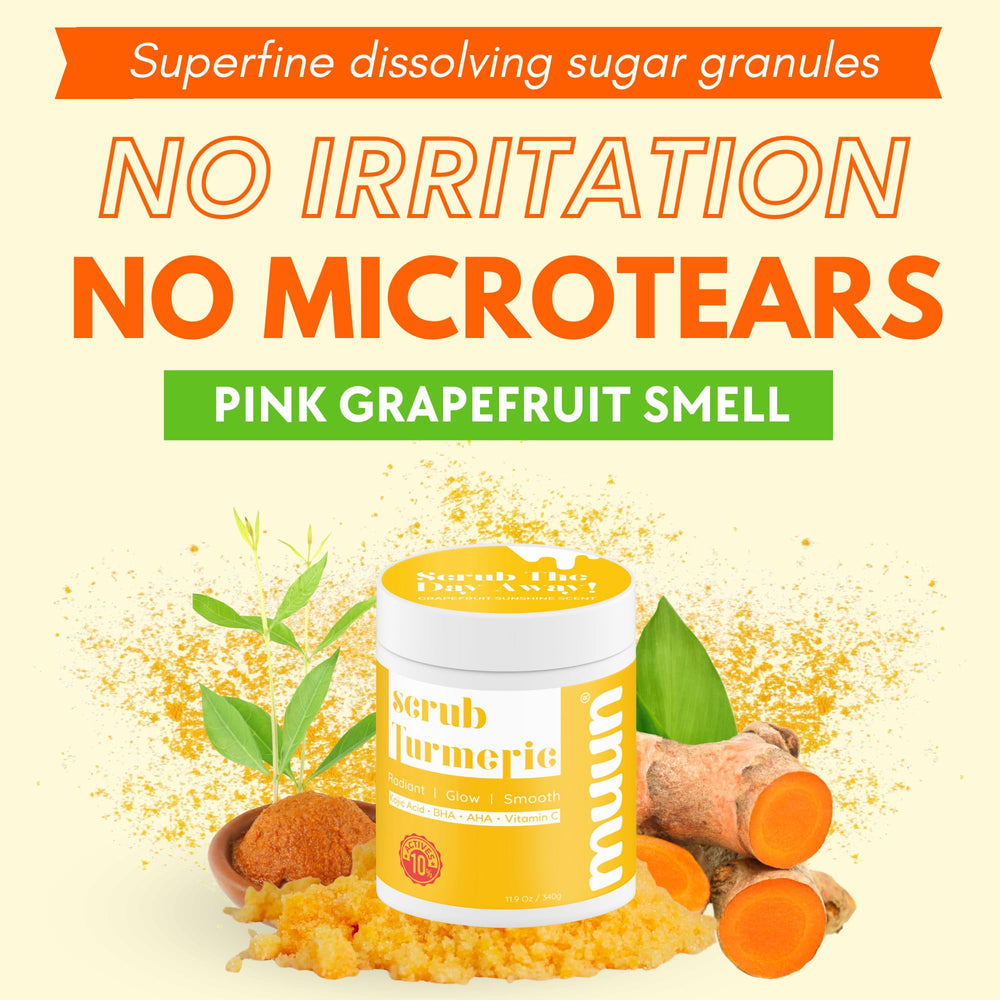 Muun Turmeric Scrub, en la mano durante la ducha para aplicar en el cuerpo