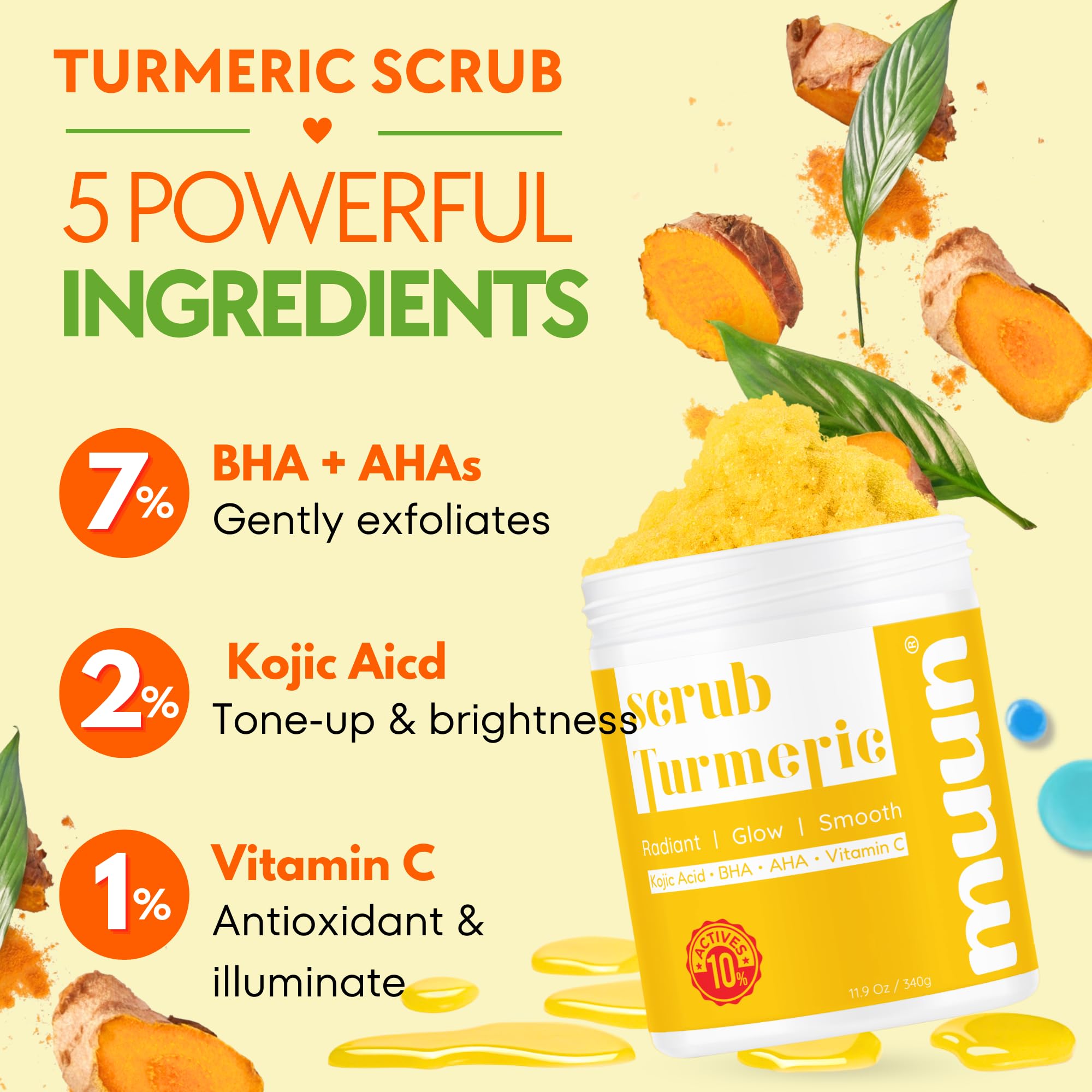 Muun Turmeric Scrub, gránulos finos para exfoliar la piel corporal