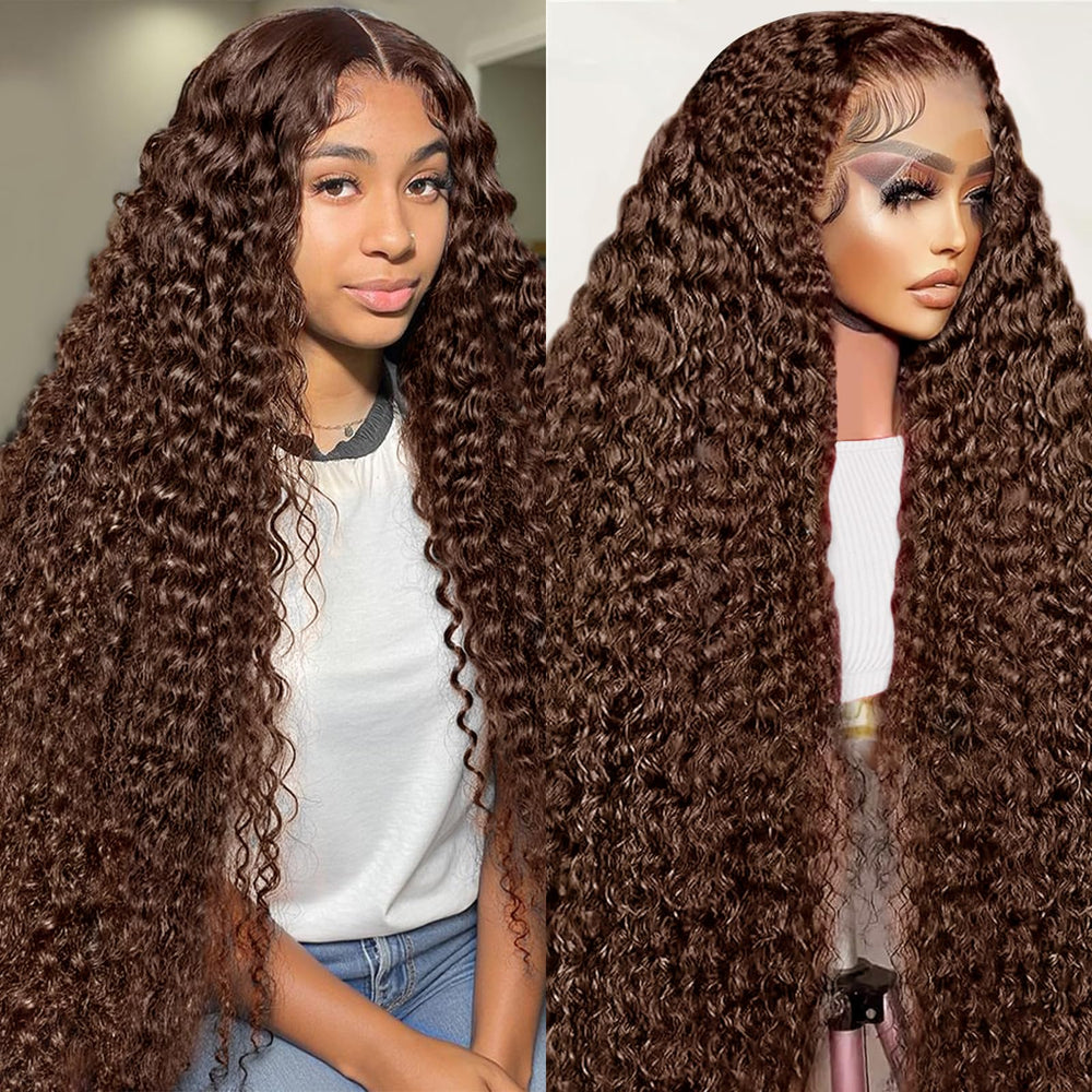 MXTQO 30 pulgadas, rizos profundos chocolate marrón, frente de encaje para look natural y volumen.