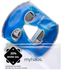 Mascarilla MyHalos fría colocada en el rostro para alivio cómodo y refrescante