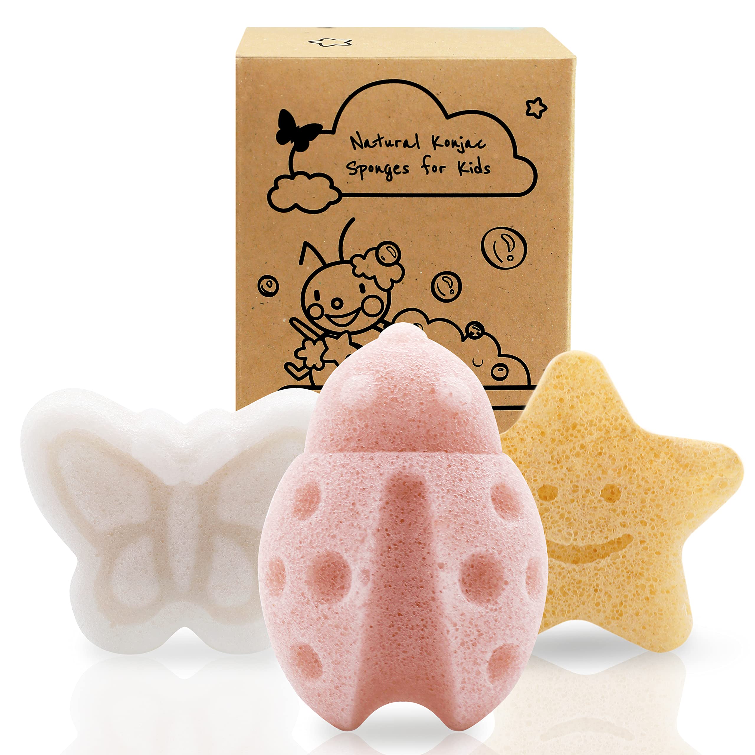 Esponja de konjac myHomeBody con forma de mariposa, ideal para un baño suave y seguro.