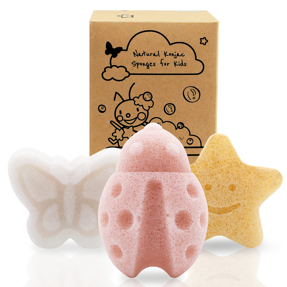 Esponja de konjac myHomeBody con forma de mariposa, ideal para un baño suave y seguro.