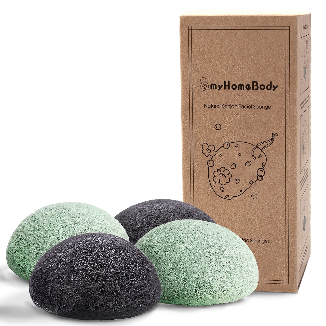 myHomeBody éponge konjac visage charbon actif pour nettoyage en douceur