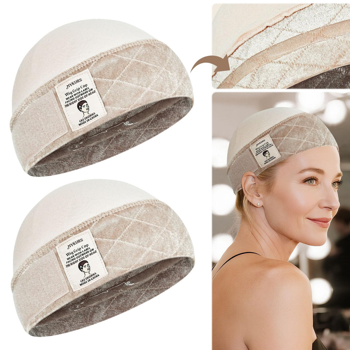 Gorro de agarre MYKURS para pelucas con banda de silicona para mayor estabilidad.