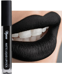 Mynena Matte Liquid Lipstick Black swatch on lips for full-coverage color