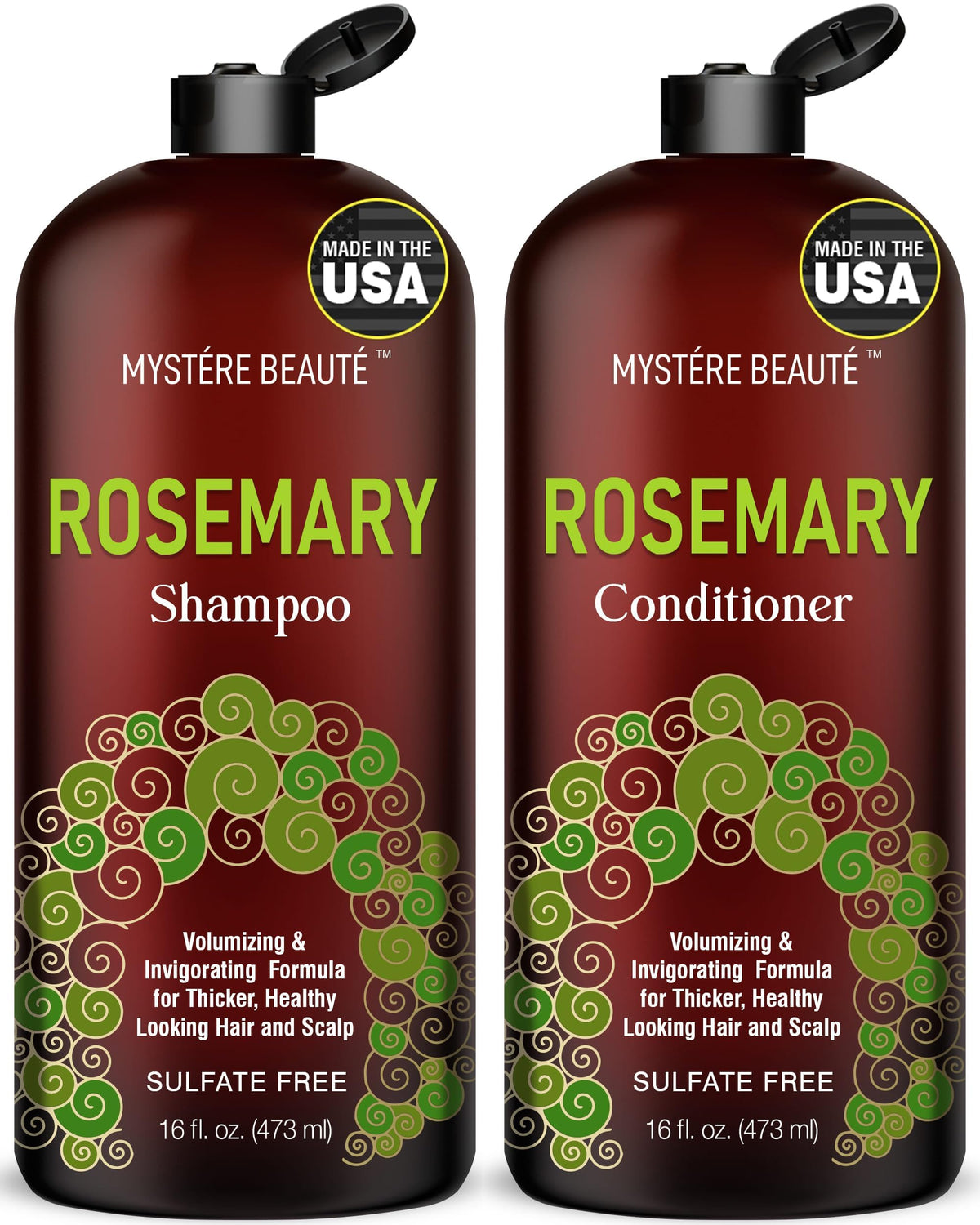 Shampoo romero de MYSTÉRE BEAUTÉ en botella para cabello nutrido y sedoso.