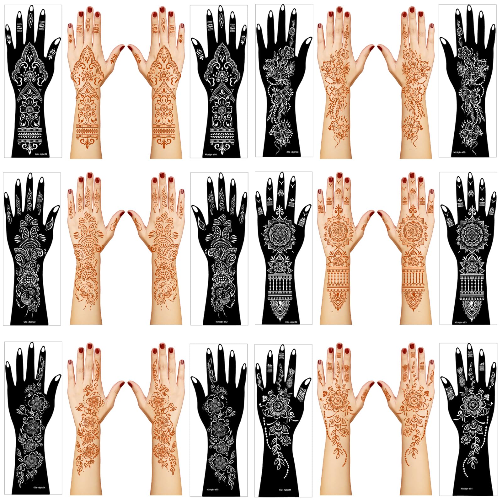 Mzstgh kit de plantillas para henna: 12 hojas con diseños florales para manos.