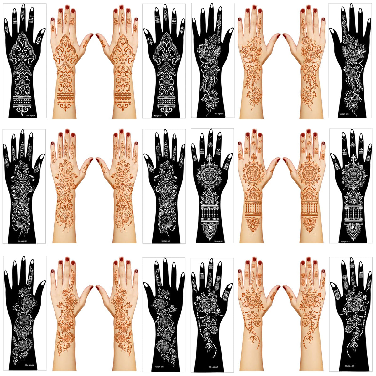 Mzstgh kit de plantillas para henna: 12 hojas con diseños florales para manos.