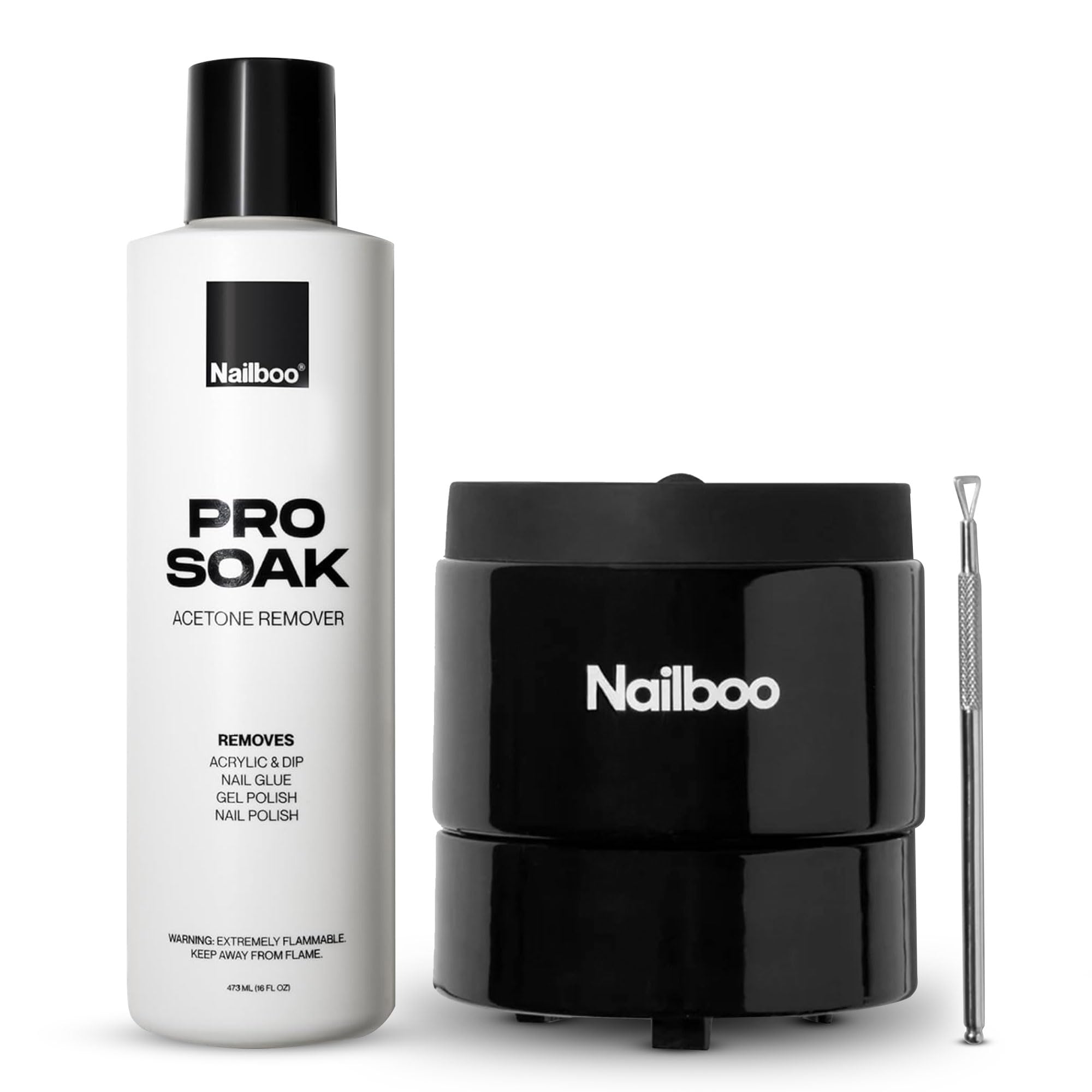 Nailboo acetona pura en botella de 16 oz para uso doméstico.