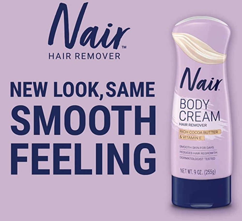 Nair botella loción cacao manteca, empaque compacto ideal para uso en casa.