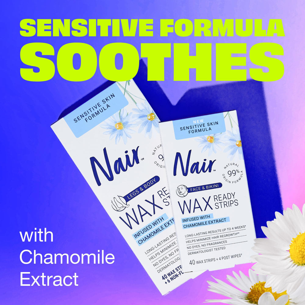 Nair Sensitivo: tiras listas para usar, depilación rápida.