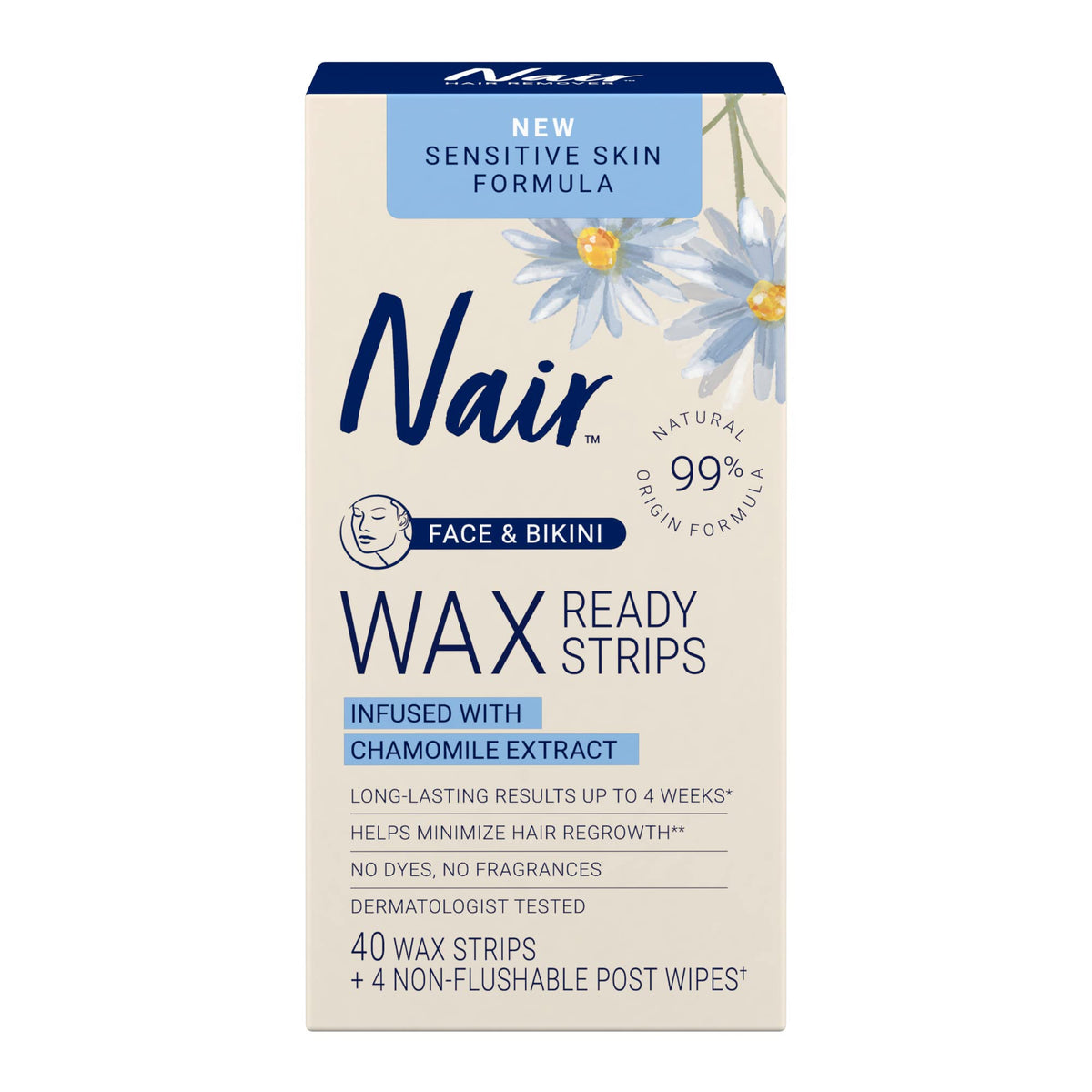 Nair tiras de cera sensible para rostro y bikini con aplicación rápida y sin calor.