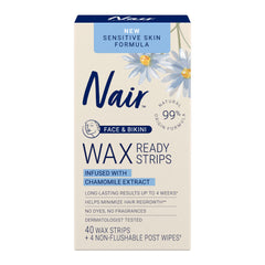 Nair tiras de cera sensible para rostro y bikini con aplicación rápida y sin calor.