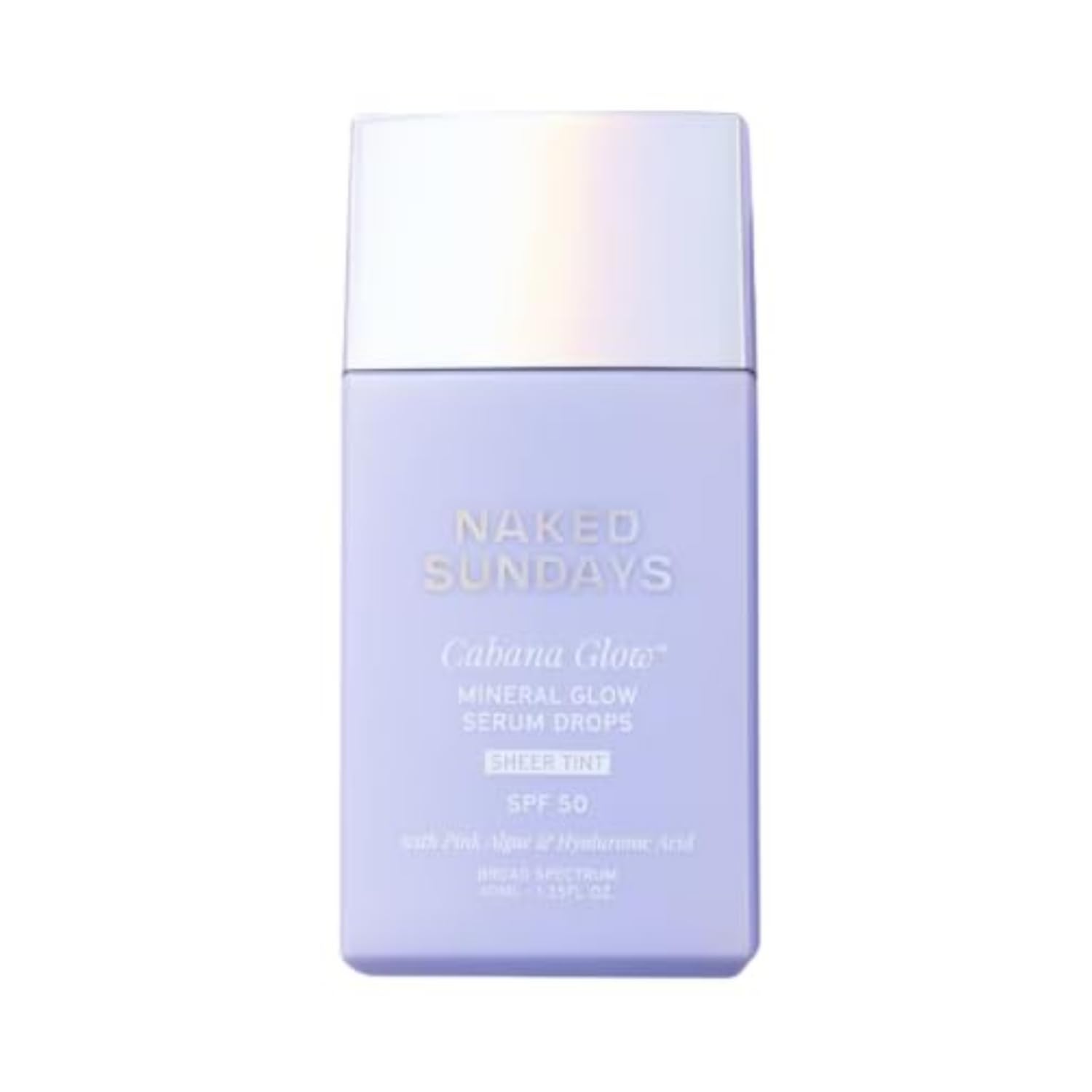 Naked Sundays CabanaGlow: botella elegante con protección SPF 50 para piel radiante.