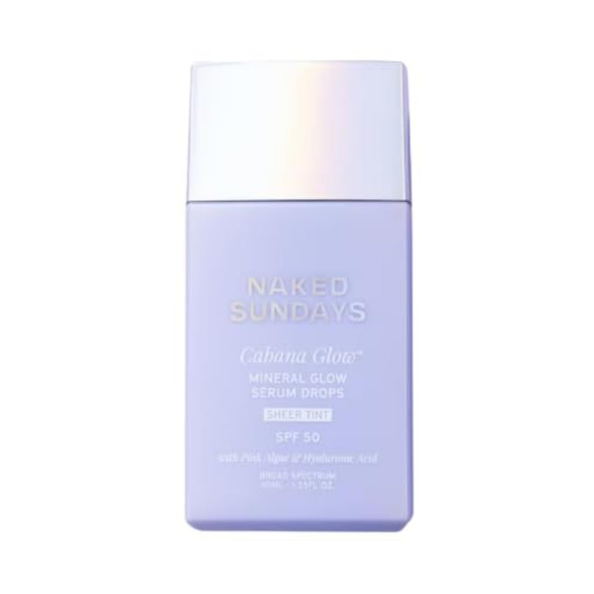 Naked Sundays CabanaGlow: botella elegante con protección SPF 50 para piel radiante.