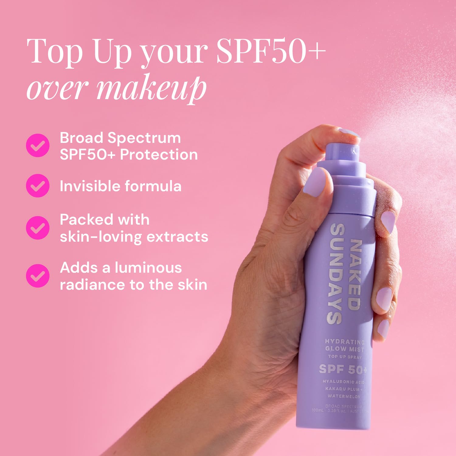 Naked Sundays SPF 50: rociado de maquillaje que fija el aspecto sin moverlo.