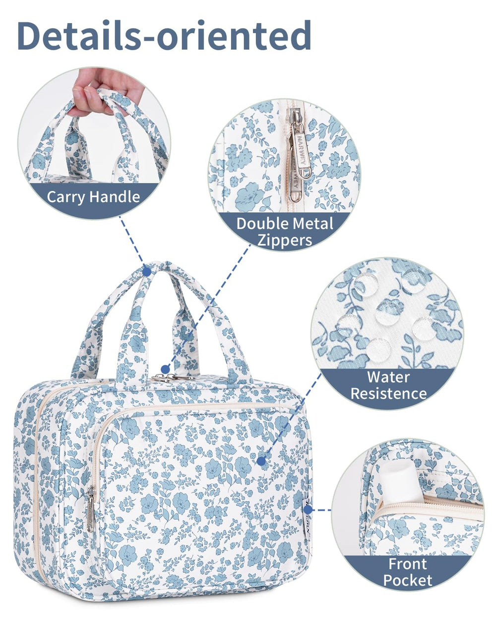 Narwey acabados duraderos y detalles prácticos para un uso diario o en viaje.