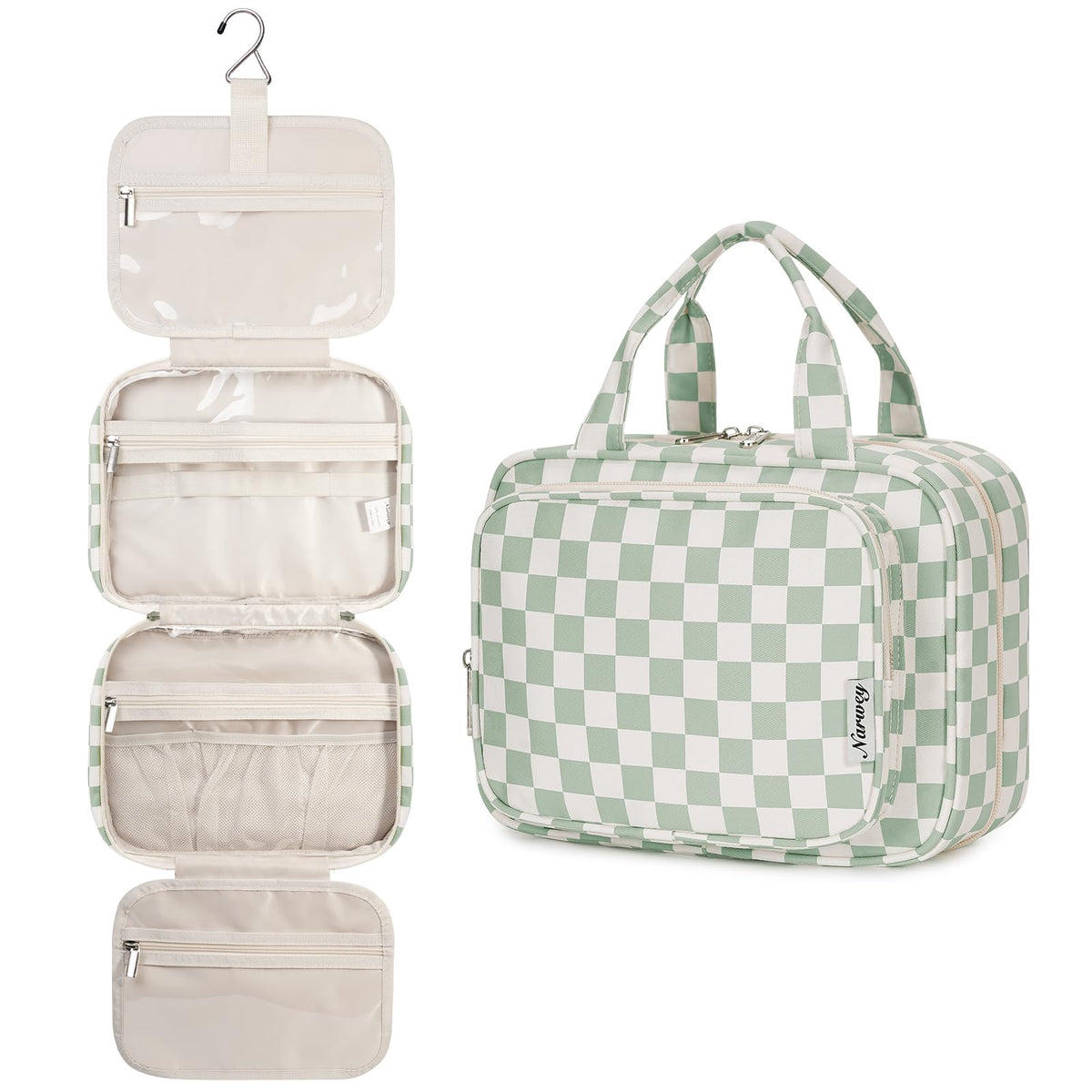 Narwey bolsa de aseo colgante para mujer con cuadros verde menta, perfecta para viajar.