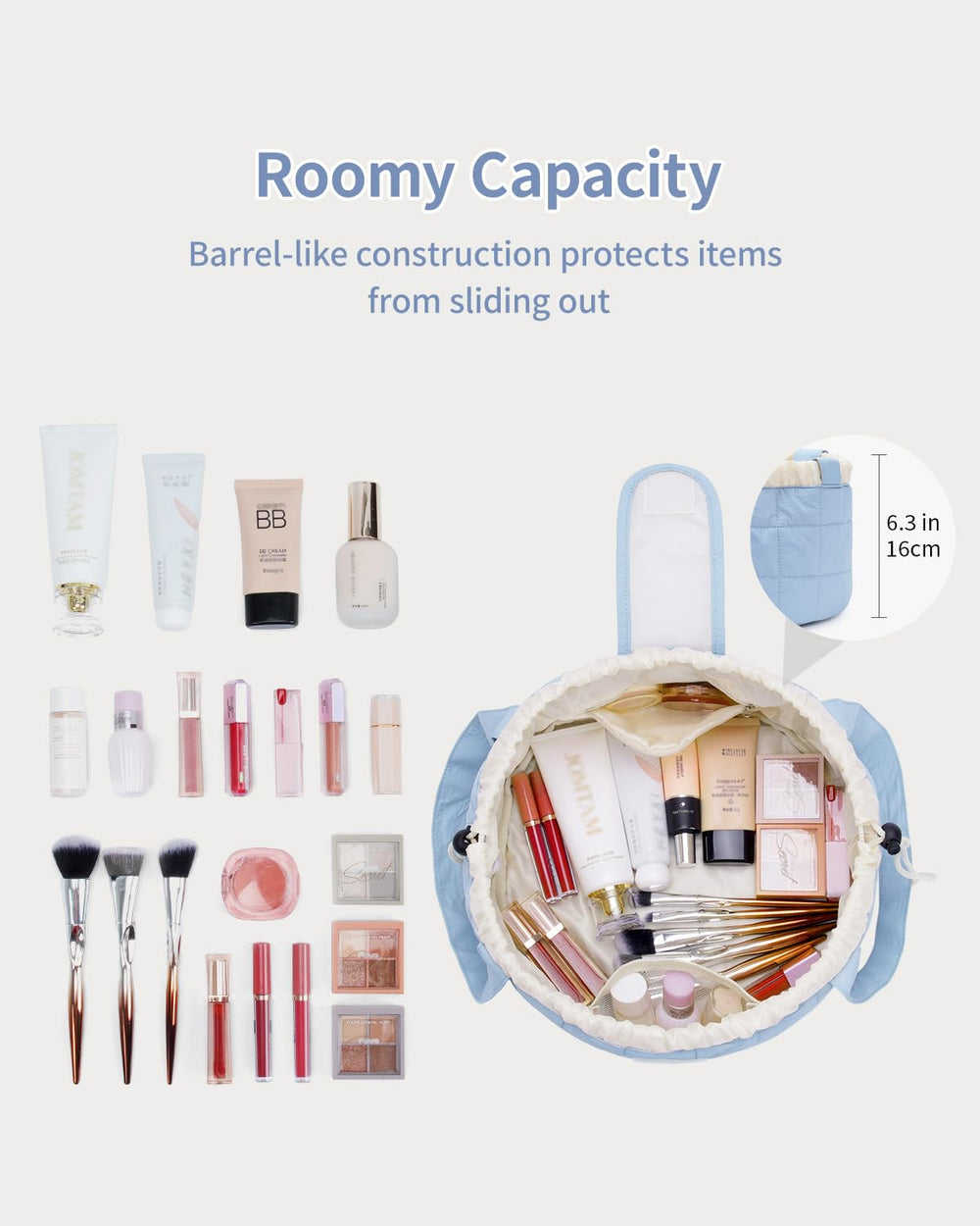Narwey bolsa cosméticos de viaje grande azul, acceso rápido a tus productos.