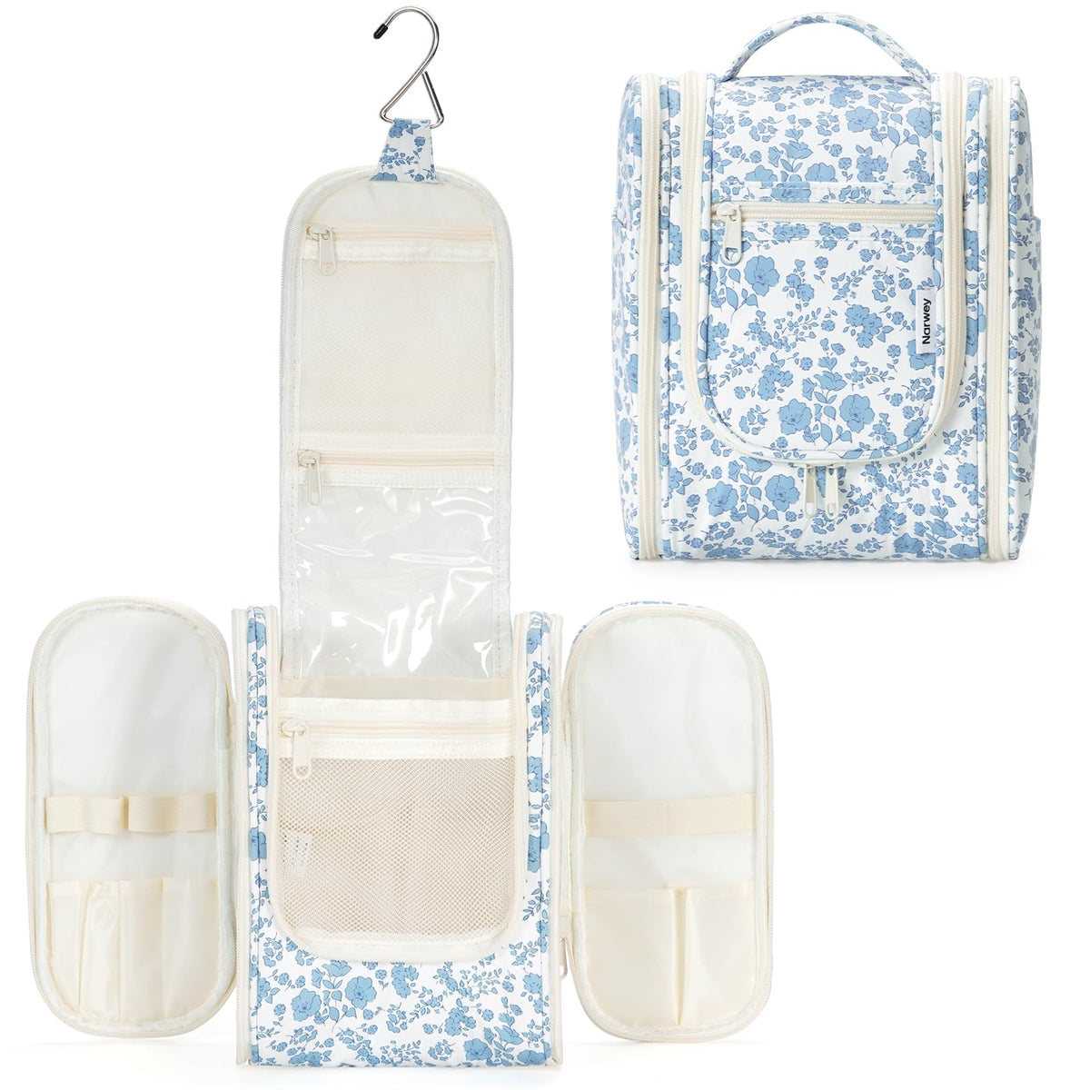 Narwey bolsa de higiene colgante, flor azul, ideal para viaje y organización.