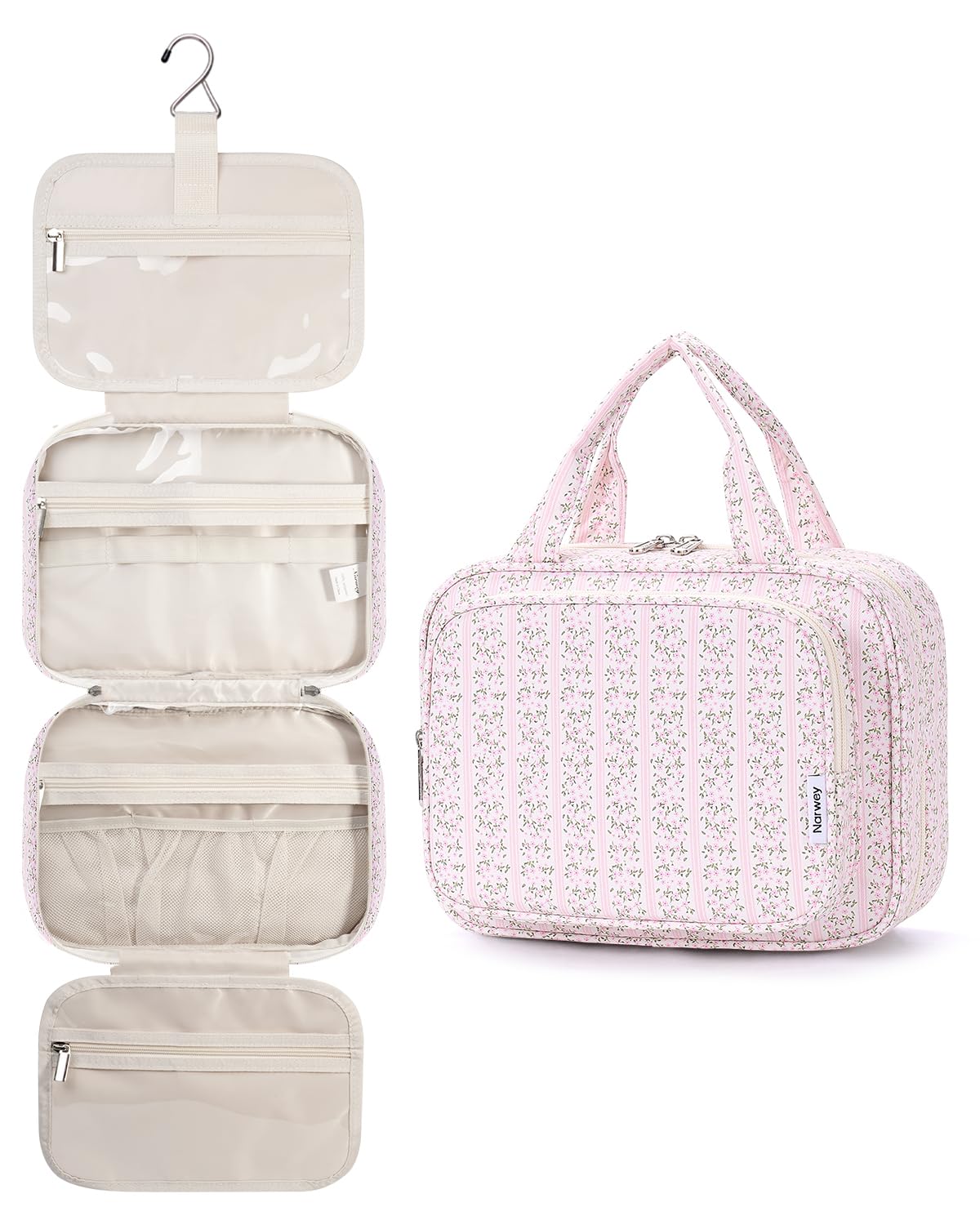 Narwey bolsa colgante de higiene con diseño rosa, ideal para mantener cosméticos ordenados en viajes.