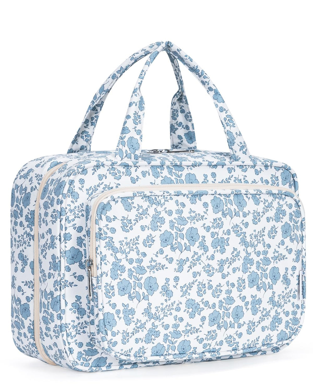 La Narwey bolsa higiene viaje grande con flor azul para organizar productos de baño en viaje.