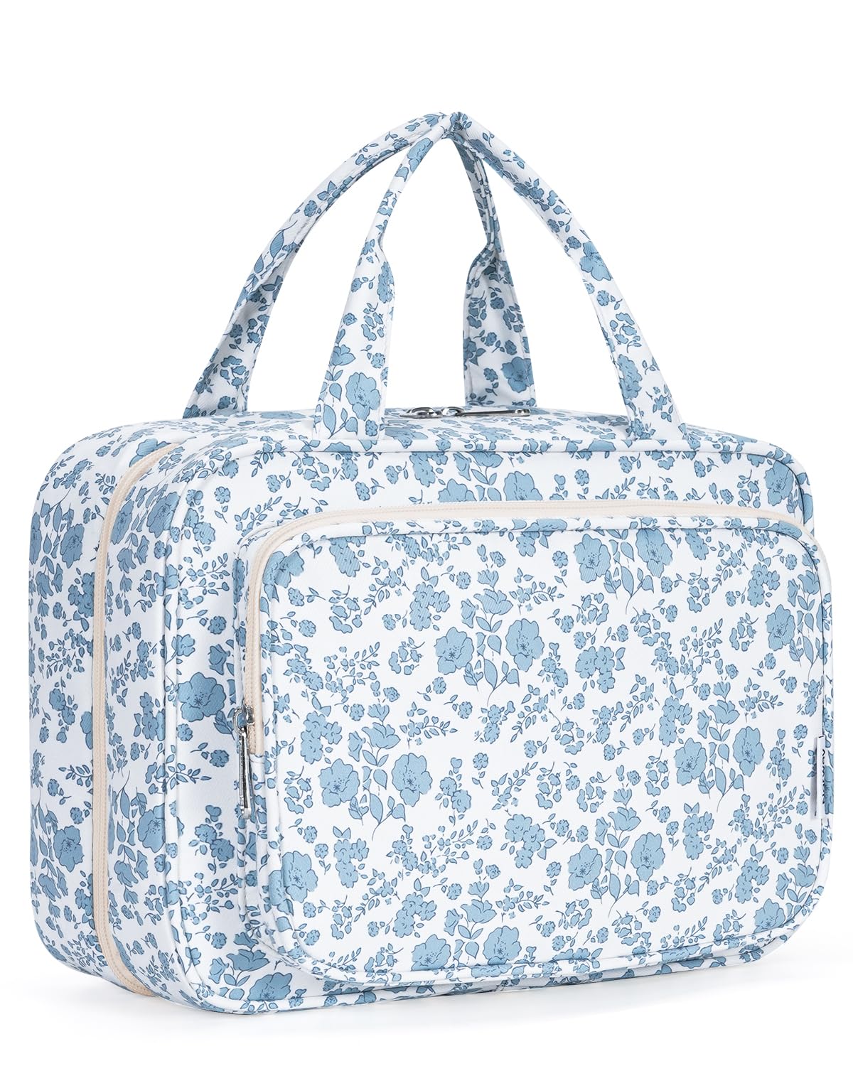 La Narwey bolsa higiene viaje grande con flor azul para organizar productos de baño en viaje.