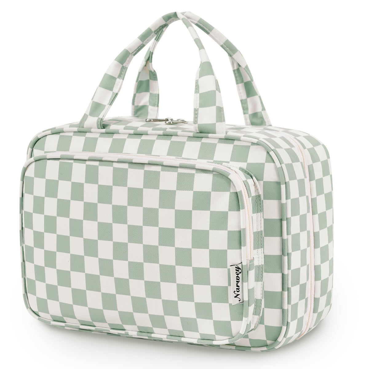 Narwey bolsa de viaje grande con cuadritos menta, ideal para organizar artículos de higiene.