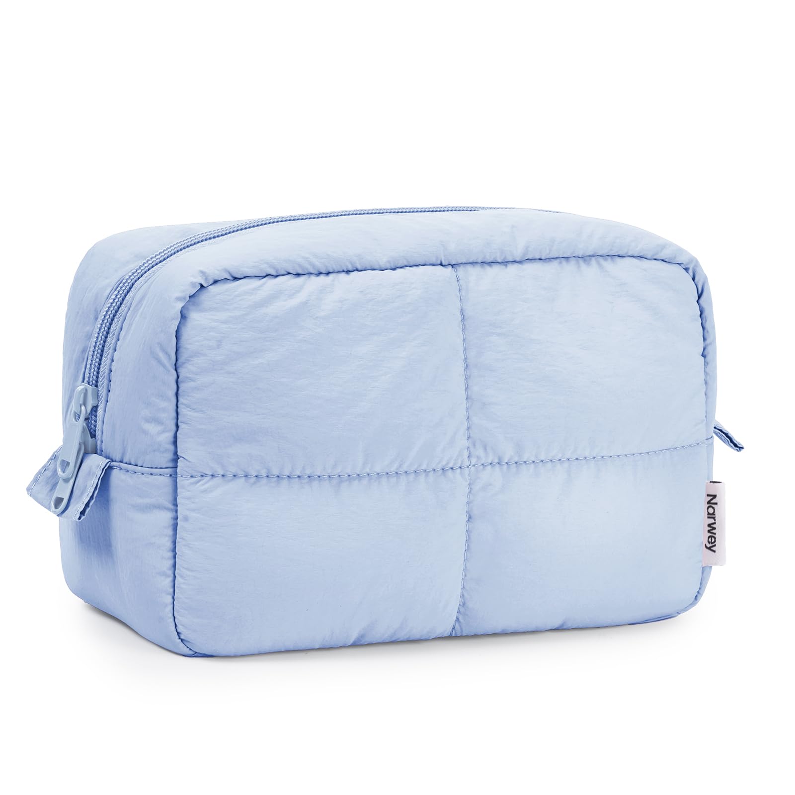 Narwey bolsa de maquillaje acolchada azul, ideal para viajar y ordenar tus productos.