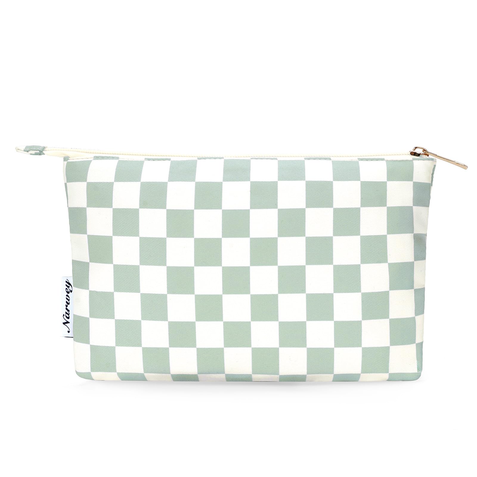 Narwey bolsa de maquillaje verde menta con cuadros, ideal para ordenar cosméticos.