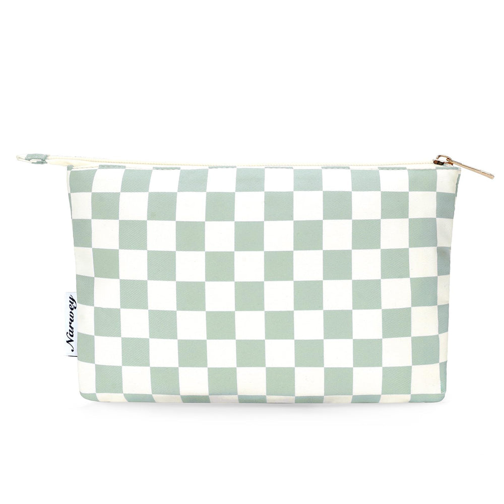 Narwey bolsa de maquillaje verde menta con cuadros, ideal para ordenar cosméticos.