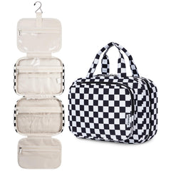 Narwey bolso cosméticos colgante negro cuadritos, ideal para viaje compacto.