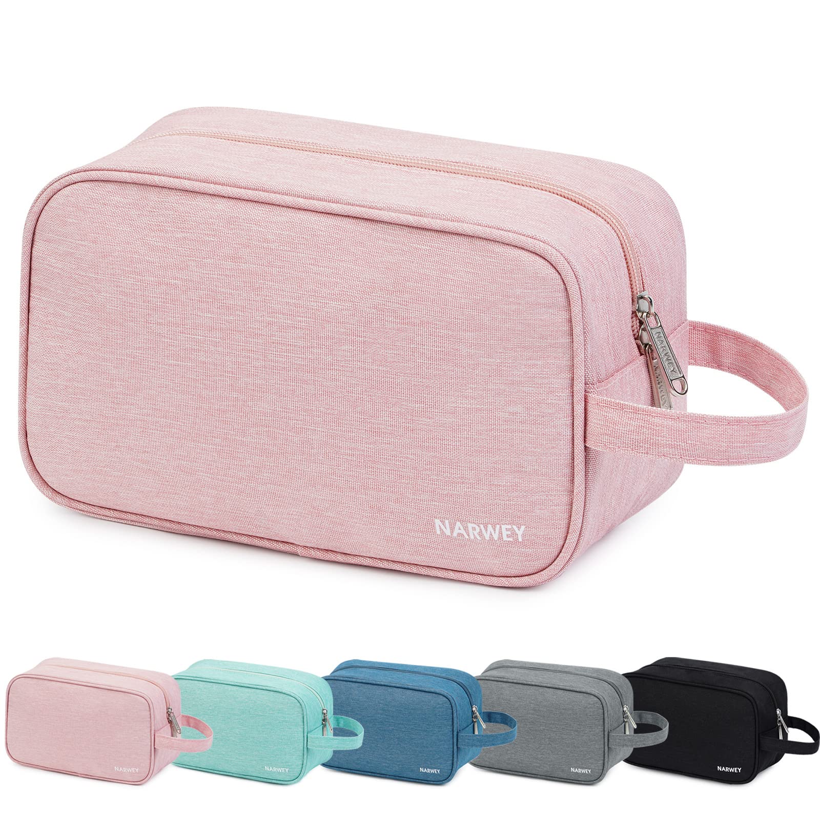 Narwey bolso de viaje rosa, vista frontal, ideal para organizar artículos de aseo durante viajes.