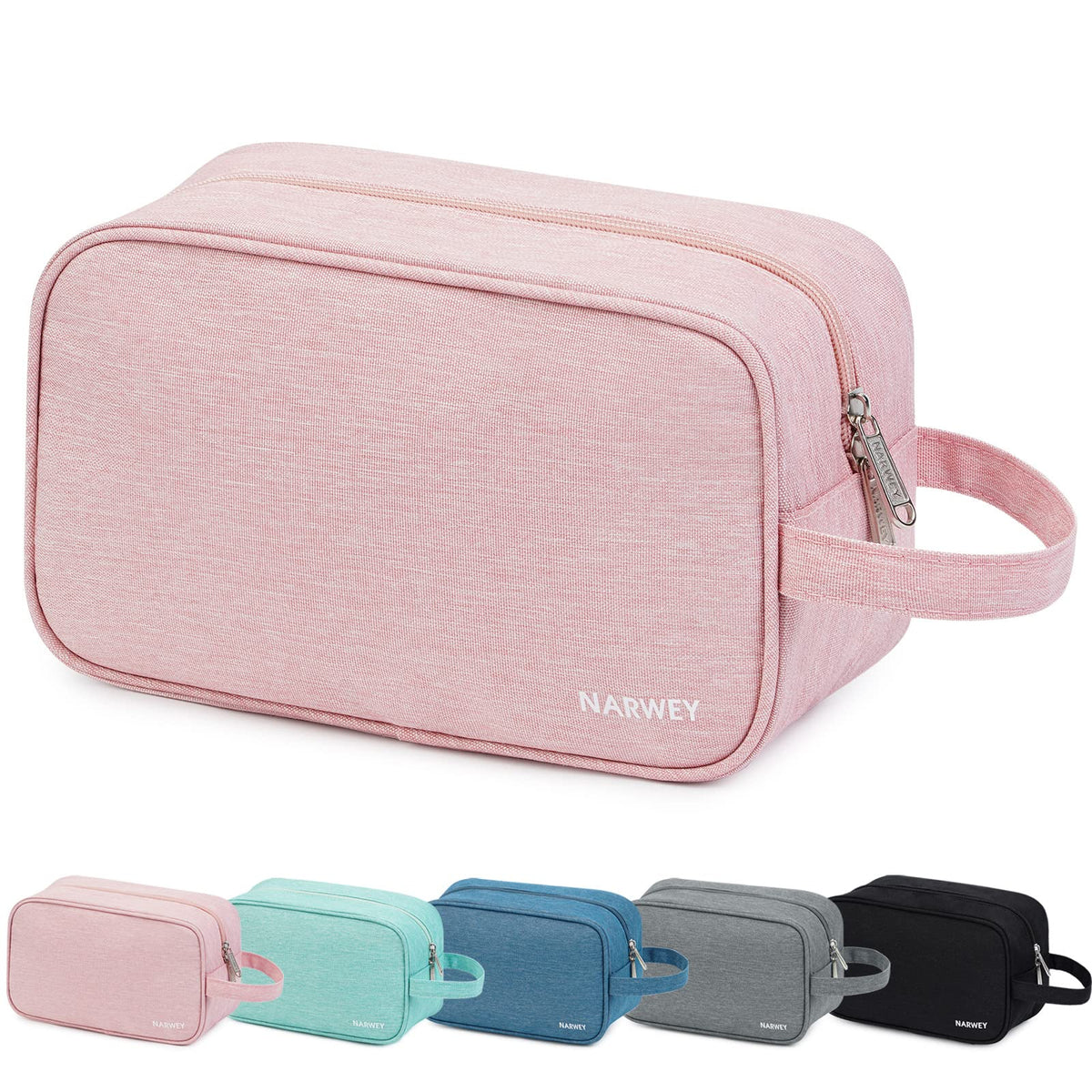 Narwey bolso de viaje rosa, vista frontal, ideal para organizar artículos de aseo durante viajes.